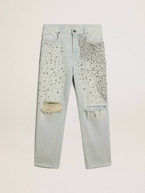Bleached Blue Women Golden Goose Jeans & Pants Women's Bleached Jeans With Cabochon Crystals