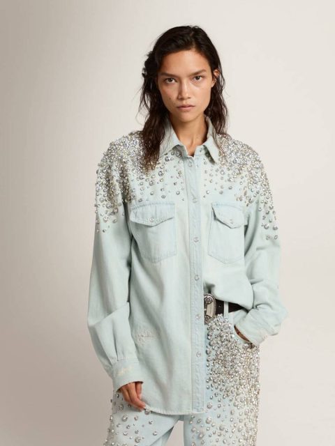 Bleached Blue Women's Bleached Boyfriend Shirt With Cabochon Crystals Women Golden Goose Shirts - Image 2