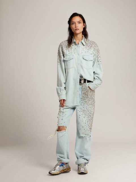 Bleached Blue Women's Bleached Boyfriend Shirt With Cabochon Crystals Women Golden Goose Shirts - Image 3