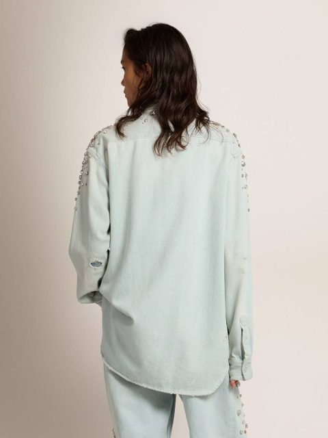 Bleached Blue Women's Bleached Boyfriend Shirt With Cabochon Crystals Women Golden Goose Shirts - Image 4
