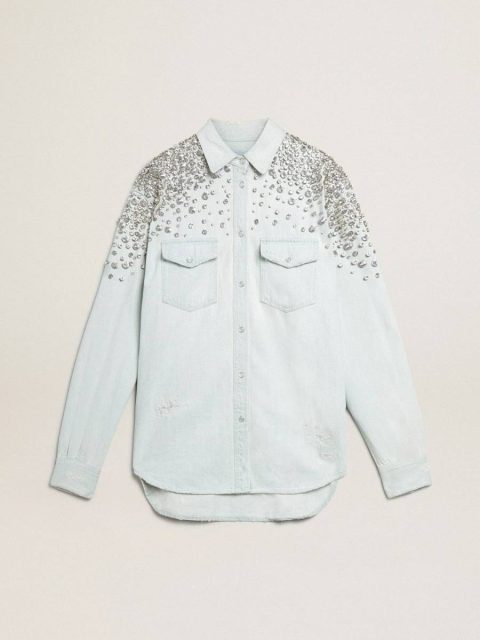 Bleached Blue Women's Bleached Boyfriend Shirt With Cabochon Crystals Women Golden Goose Shirts