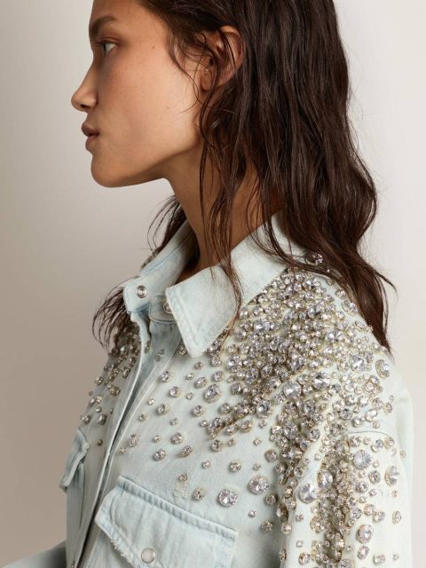 Bleached Blue Women's Bleached Boyfriend Shirt With Cabochon Crystals Women Golden Goose Shirts - Image 5