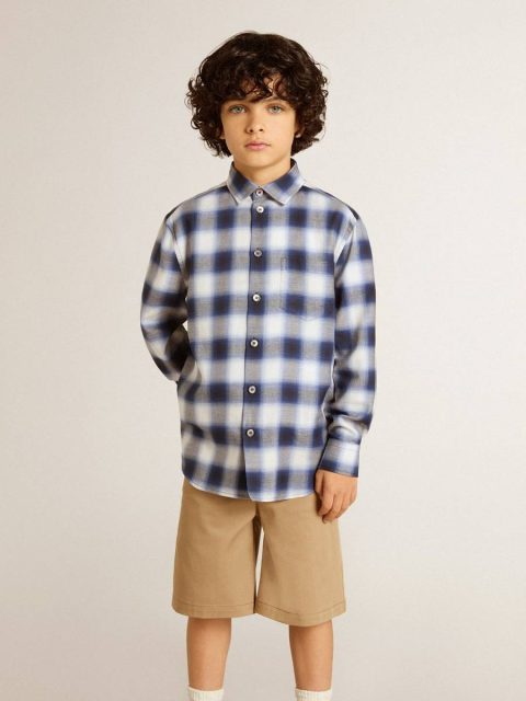 Blue And White Boys' Blue And White Checked Shirt With Print On The Back Topwear Selection (4-12 Years) Kids Golden Goose - Image 2