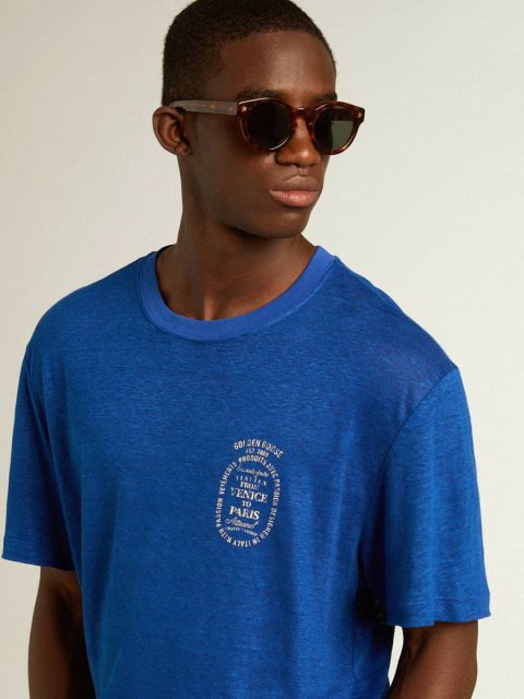 Blue T-Shirts & Polo Shirts Men Golden Goose Men’s Blue-Colored Linen T-Shirt With Print On The Chest - Image 2