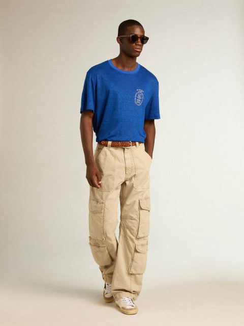 Blue T-Shirts & Polo Shirts Men Golden Goose Men’s Blue-Colored Linen T-Shirt With Print On The Chest - Image 3