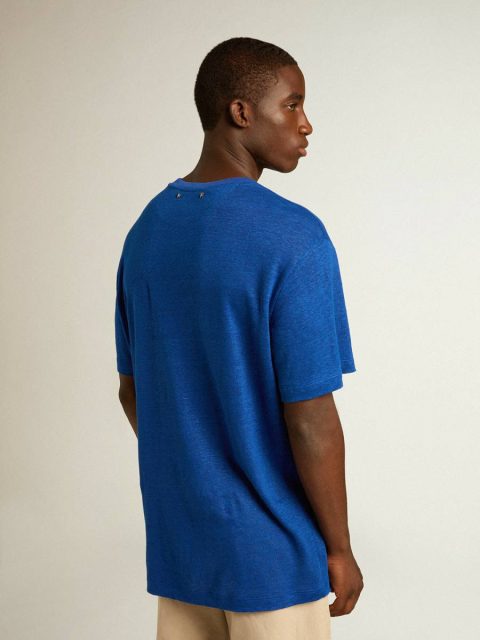Blue T-Shirts & Polo Shirts Men Golden Goose Men’s Blue-Colored Linen T-Shirt With Print On The Chest - Image 4