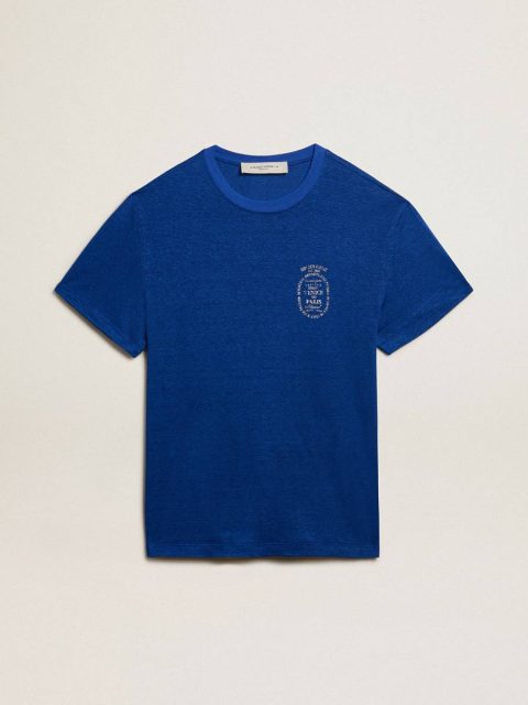 Blue T-Shirts & Polo Shirts Men Golden Goose Men’s Blue-Colored Linen T-Shirt With Print On The Chest
