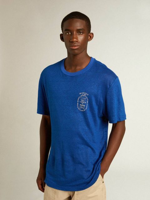 Blue T-Shirts & Polo Shirts Men Golden Goose Men’s Blue-Colored Linen T-Shirt With Print On The Chest - Image 5