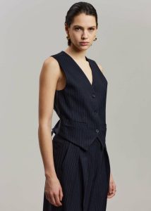 Blue Tansy Tailored Vest - Navy Pinstripe Outerwear Women The Frankie Shop - Image 4