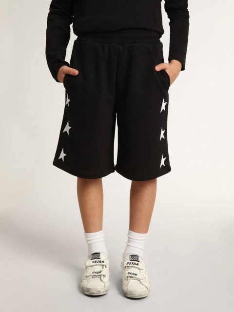 Bottomwear Selection (4-12 Years) Black Kids Golden Goose Boys’ Black Bermuda Shorts With White Stars - Image 2