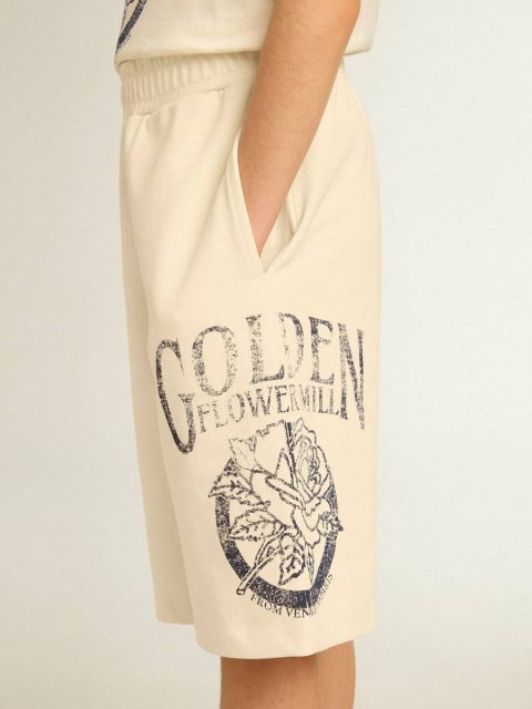 Bottomwear Selection (4-12 Years) Golden Goose Kids Boys’ Bermuda Shorts In Aged White With Print On The Front Aged White - Image 3