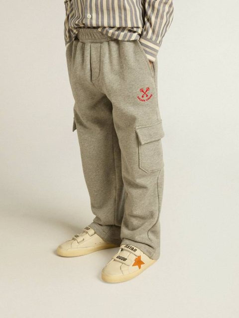 Bottomwear Selection (4-12 Years) Gray Melange Golden Goose Kids Gray Melange Cotton Cargo Joggers With Embroidery - Image 2
