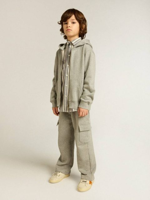 Bottomwear Selection (4-12 Years) Gray Melange Golden Goose Kids Gray Melange Cotton Cargo Joggers With Embroidery - Image 3