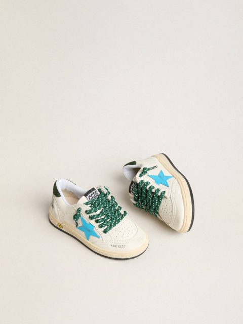 Boys (4-10 Years) Golden Goose White Kids Young Ball Star With Turquoise Star And Green Suede Heel Tab - Image 2