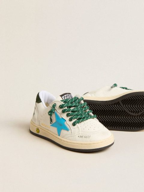 Boys (4-10 Years) Golden Goose White Kids Young Ball Star With Turquoise Star And Green Suede Heel Tab - Image 3