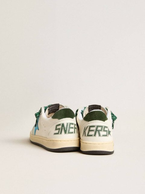 Boys (4-10 Years) Golden Goose White Kids Young Ball Star With Turquoise Star And Green Suede Heel Tab - Image 4