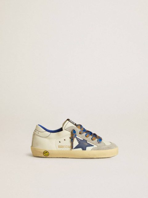 Boys (4-10 Years) Kids Golden Goose Super-Star Young With Blue Leather Star And Ice-Gray Suede Inserts White