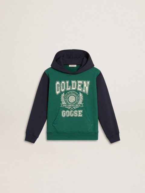 Boys' Green And Blue Sweatshirt With Hood And Print Kids Green And Blue Topwear Selection (4-12 Years) Golden Goose