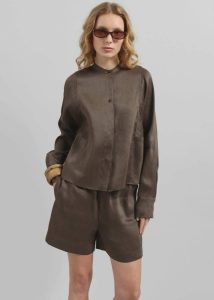Brown Bottoms Loulou Studio Adonia Elastic Waistband Shorts - Deep Taupe The Frankie Shop Women - Image 5