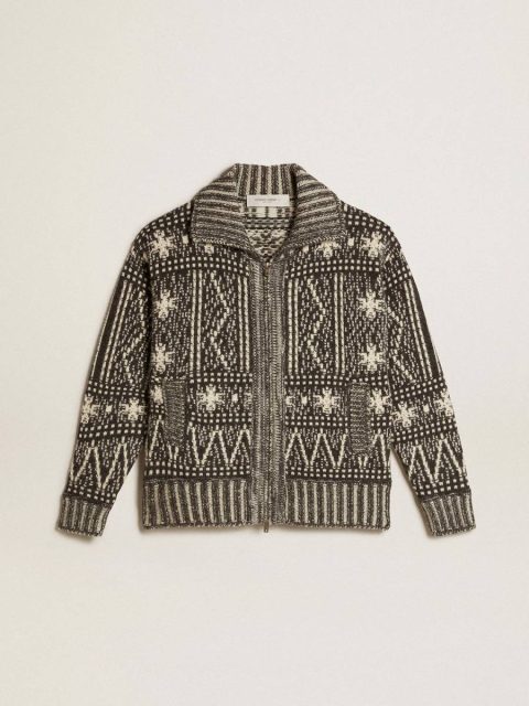 Cardigan With Dark Gray Fair Isle Pattern Dark Gray Melange And Wool White Golden Goose Men Knitwear
