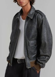 Charcoal Wyatt Leather Bomber Jacket - Charcoal Outerwear Men The Frankie Shop - Image 3