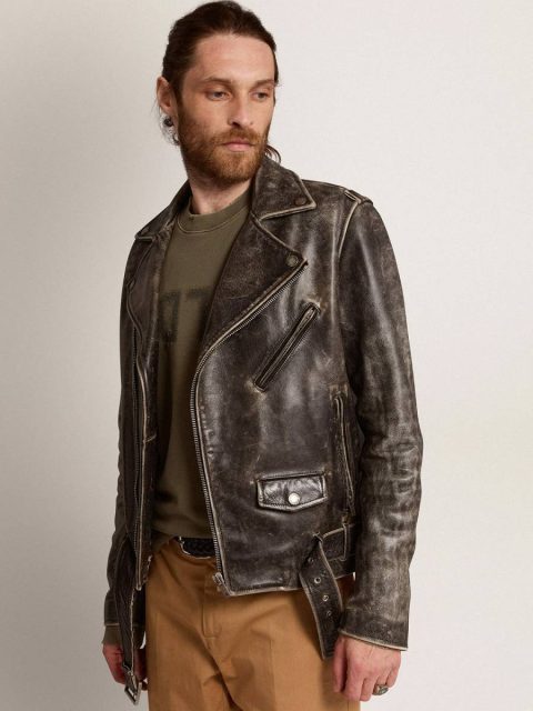 Coats & Jackets Golden Goose Men Black Men's Biker Jacket In Distressed Leather - Image 2