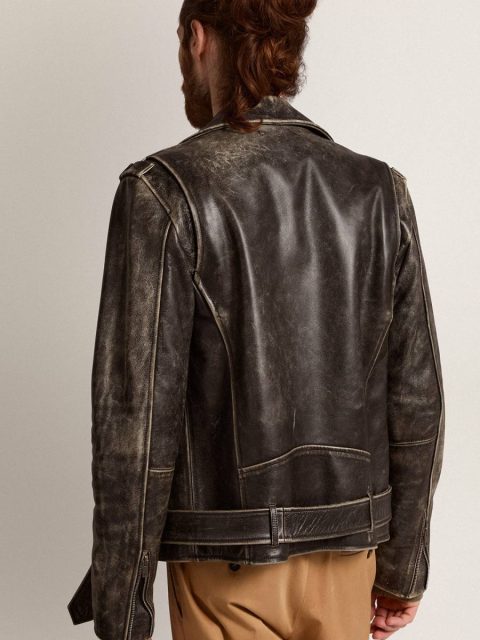 Coats & Jackets Golden Goose Men Black Men's Biker Jacket In Distressed Leather - Image 4
