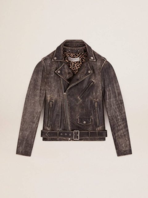 Coats & Jackets Golden Goose Men Black Men's Biker Jacket In Distressed Leather