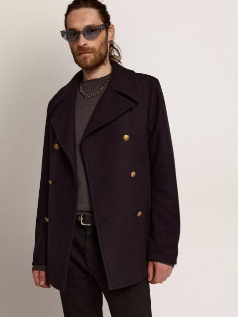 Coats & Jackets Golden Goose Men Men's Double-Breasted Coat In Dark Blue Wool With Gold Buttons Dark Blue - Image 2