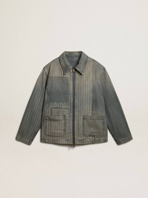 Coats & Jackets Golden Goose Men’s Denim Jacket With Stripes And Patches On The Front Gray Denim Men