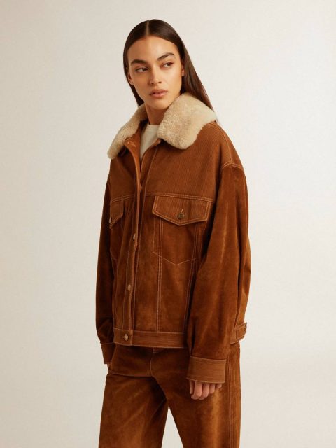 Coats & Jackets Women Tobacco Women's Jacket In Tobacco-Colored Split Leather With A Shearling Collar Golden Goose - Image 3