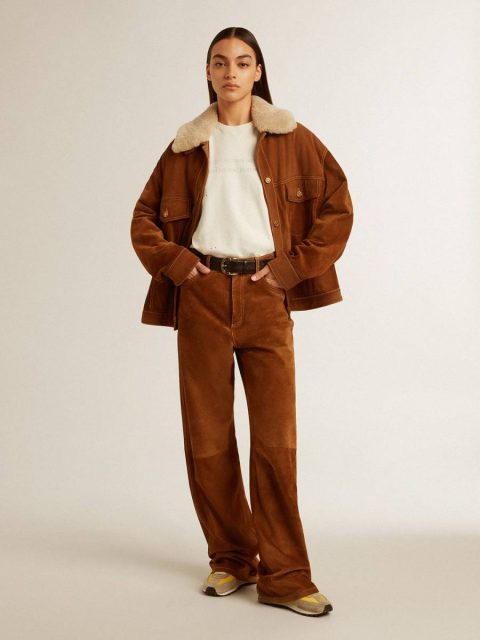 Coats & Jackets Women Tobacco Women's Jacket In Tobacco-Colored Split Leather With A Shearling Collar Golden Goose - Image 4