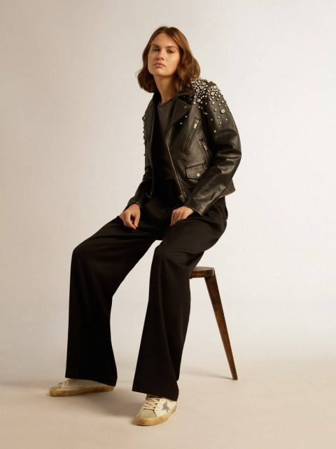 Coats & Jackets Women's Biker Jacket In Distressed Leather With Cabochon Crystals Golden Goose Black Women - Image 3