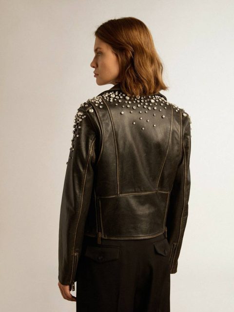 Coats & Jackets Women's Biker Jacket In Distressed Leather With Cabochon Crystals Golden Goose Black Women - Image 4