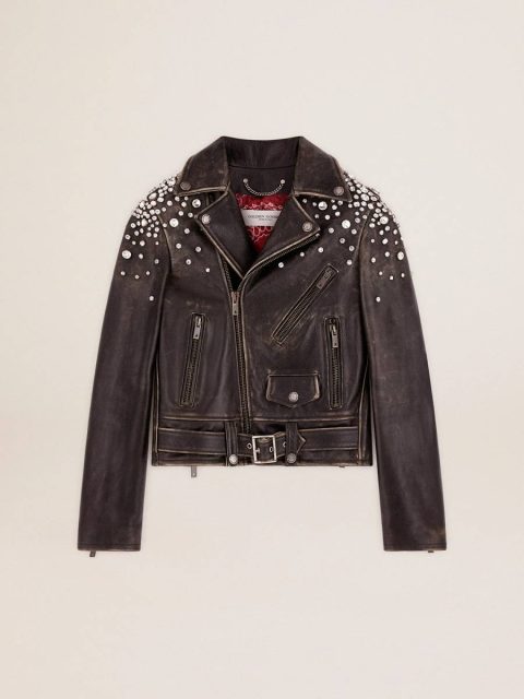 Coats & Jackets Women's Biker Jacket In Distressed Leather With Cabochon Crystals Golden Goose Black Women