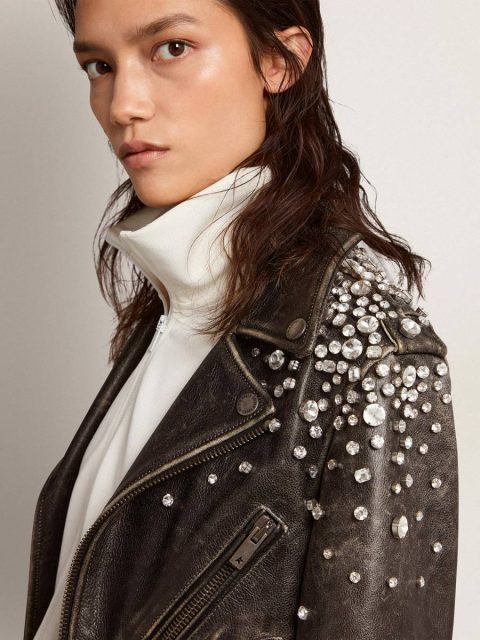 Coats & Jackets Women's Biker Jacket In Distressed Leather With Cabochon Crystals Golden Goose Black Women - Image 5