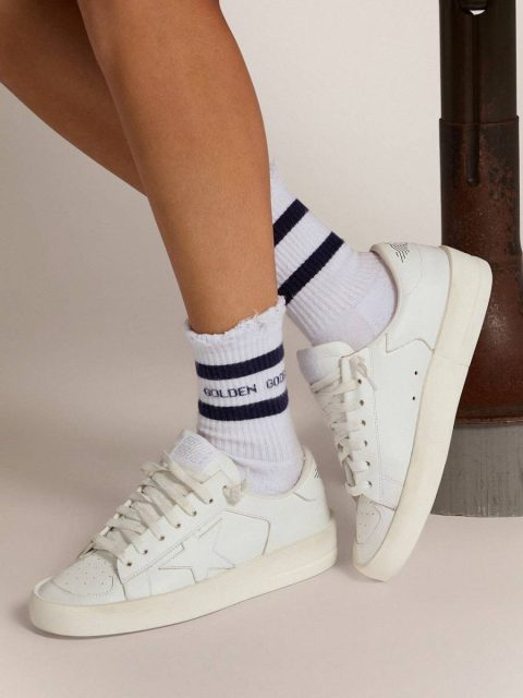 Cotton Socks With Distressed Finishes, Blue Stripes And Logo Golden Goose Socks Women - Image 3