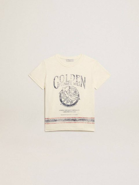 Cotton T-Shirt In Aged White With Faded Print At The Center Topwear Selection (4-12 Years) Kids Golden Goose Aged White