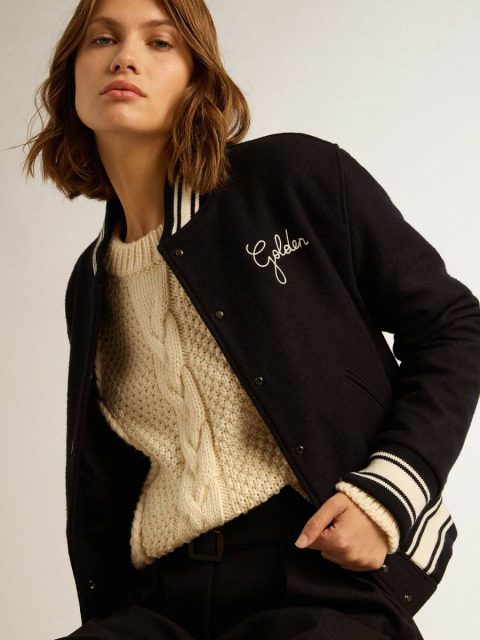 Dark Blue Coats & Jackets Women's Bomber Jacket In Dark Blue Wool With White Details Women Golden Goose - Image 2