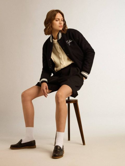 Dark Blue Coats & Jackets Women's Bomber Jacket In Dark Blue Wool With White Details Women Golden Goose - Image 3