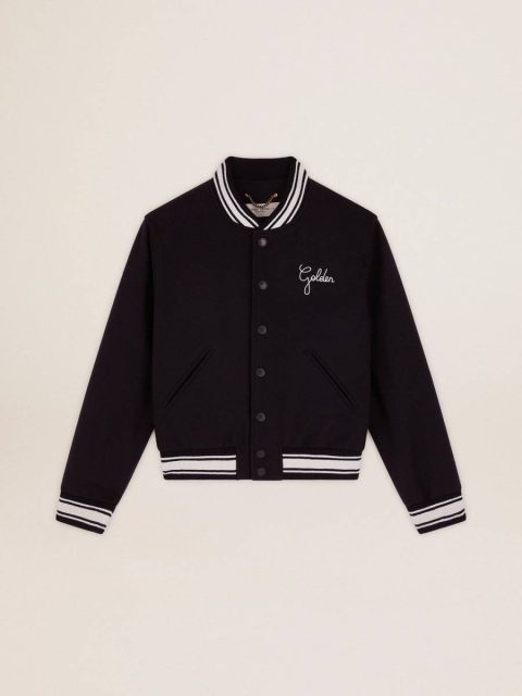 Dark Blue Coats & Jackets Women's Bomber Jacket In Dark Blue Wool With White Details Women Golden Goose