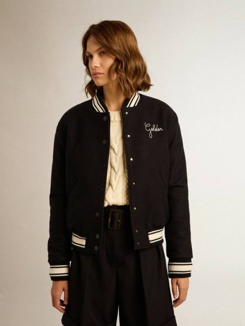 Dark Blue Coats & Jackets Women's Bomber Jacket In Dark Blue Wool With White Details Women Golden Goose - Image 5