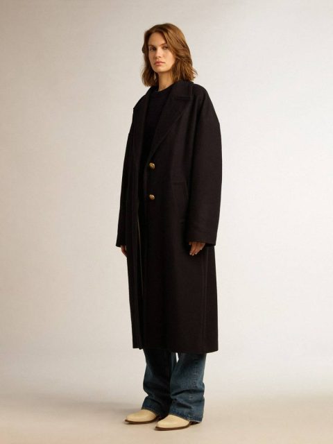 Dark Blue Coats & Jackets Women's Single-Breasted Cocoon Coat In Dark Blue Wool With Gold Button Golden Goose Women - Image 2