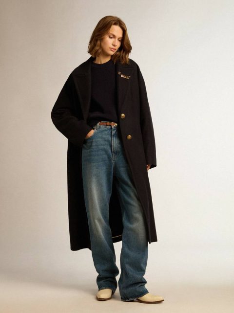 Dark Blue Coats & Jackets Women's Single-Breasted Cocoon Coat In Dark Blue Wool With Gold Button Golden Goose Women - Image 3