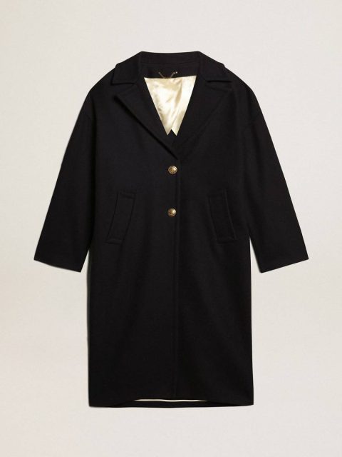 Dark Blue Coats & Jackets Women's Single-Breasted Cocoon Coat In Dark Blue Wool With Gold Button Golden Goose Women