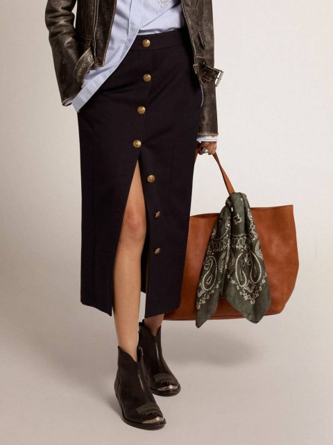 Dark Blue Women Women's Pencil Skirt In Dark Blue Wool With Gold Heraldic Buttons Golden Goose Skirts & Shorts - Image 2