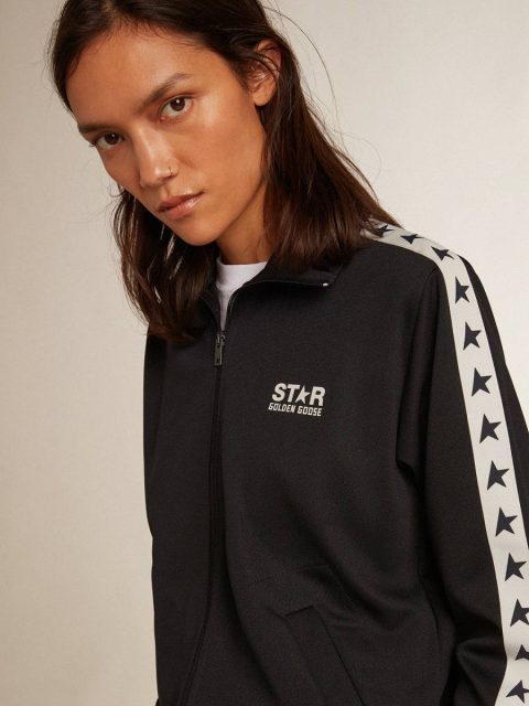 Dark Blue Zipped Sweatshirt With White Strip And Contrasting Stars Dark Blue Women Sweatshirts Golden Goose - Image 2