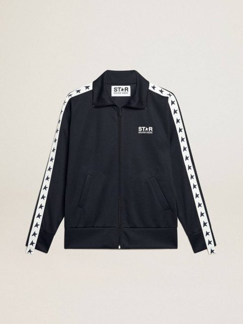 Dark Blue Zipped Sweatshirt With White Strip And Contrasting Stars Dark Blue Women Sweatshirts Golden Goose