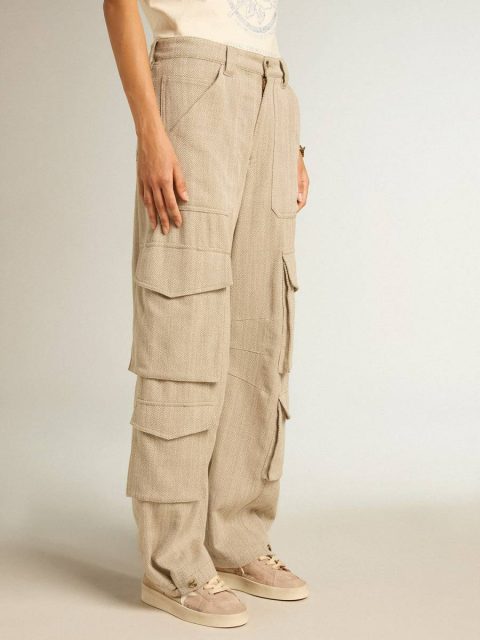 Dark Olive Jeans & Pants Golden Goose Women Women's Dark Olive-Colored Cotton Cargo Pants With A Herringbone Design - Image 2