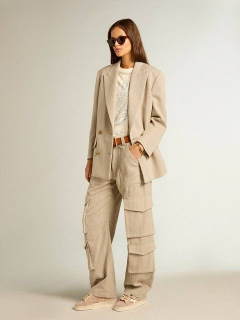 Dark Olive Jeans & Pants Golden Goose Women Women's Dark Olive-Colored Cotton Cargo Pants With A Herringbone Design - Image 3